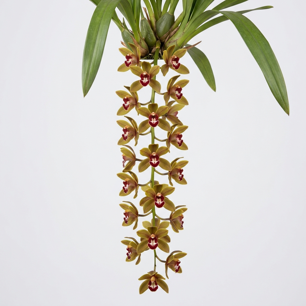 A close-up studio shot of a Cymbidium Finlaysonianum orchid spike with cascading olive-green and brownish-yellow flowers featuring dark red lips, against a clean white background.