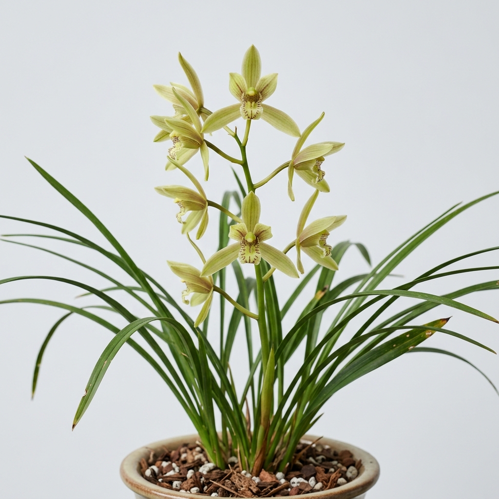 A blooming Cymbidium Forrestii orchid with pale green flowers and slender, grass-like foliage.