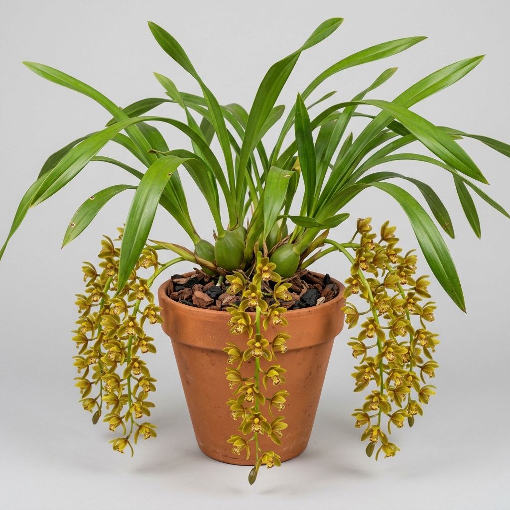 Glossy yellow and olive-green flowers on the pendulous spike of a Cymbidium Madidum orchid.