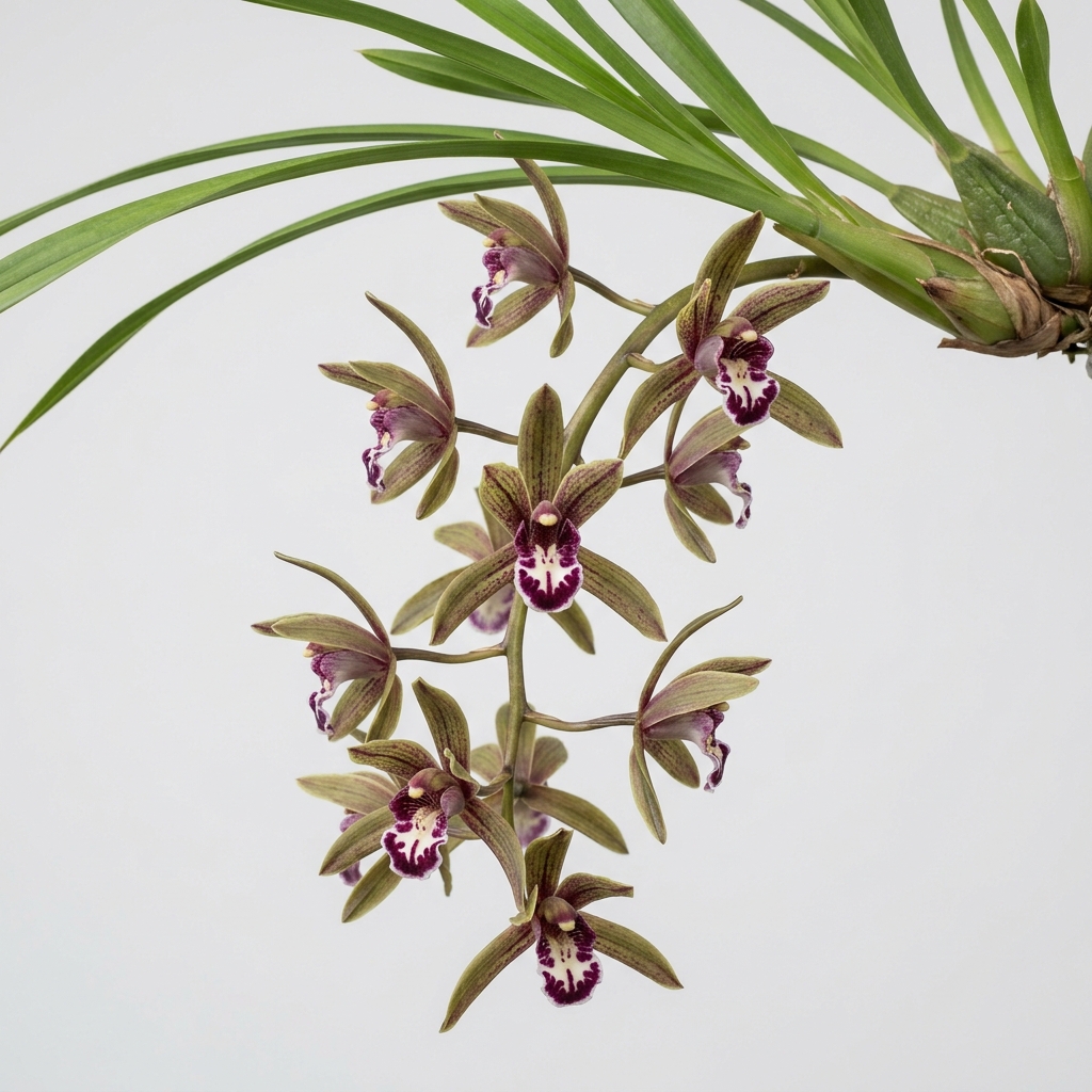 Pendulous green and purple flowers of a Cymbidium Sigmoideum orchid showing the characteristic S-shaped lip.