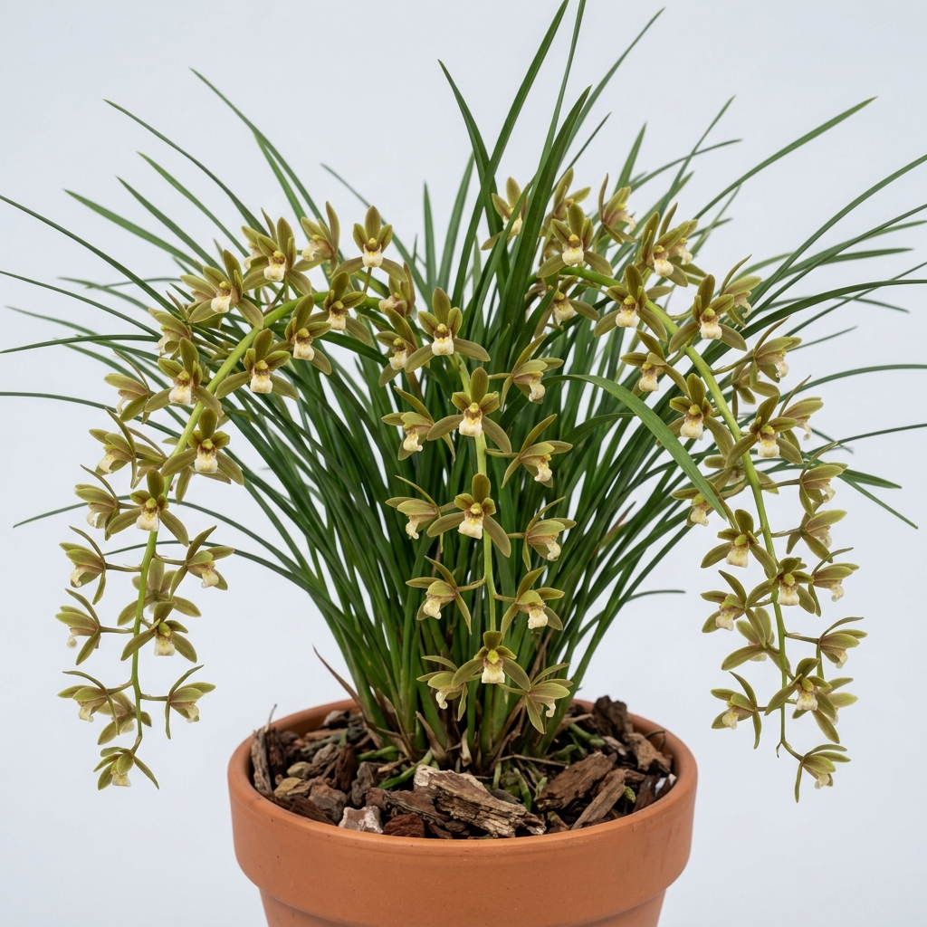 Pendulous pale green flowers and grassy foliage of a Cymbidium Suave orchid.