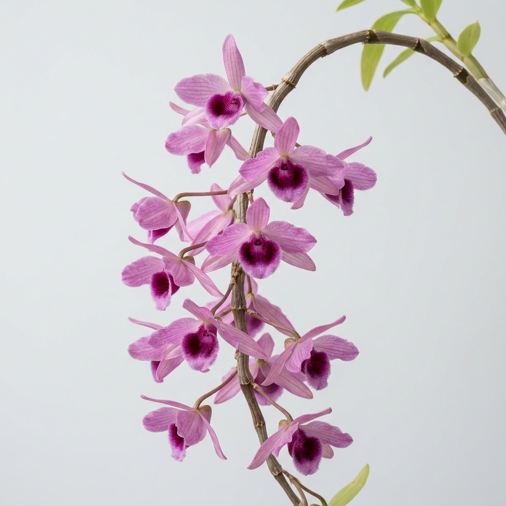 Fragrant pink and mauve flowers blooming on the pendulous, leafless canes of a Dendrobium Nestor orchid.