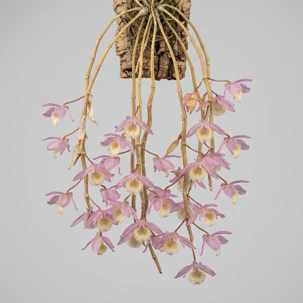 Dendrobium Aphyllum orchid with cascading pale pink and cream flowers blooming on bare, leafless canes.