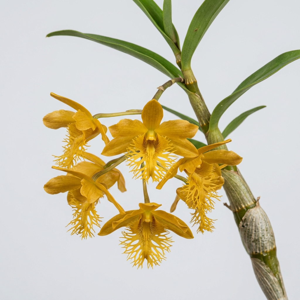 Golden-yellow Dendrobium Brymerianum orchid flower featuring an intricately fringed lace-like lip.