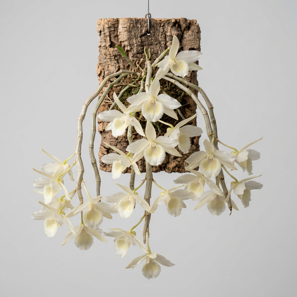 Chalk-white flowers of a Dendrobium Cretaceum orchid blooming on a bare, pendulous cane.