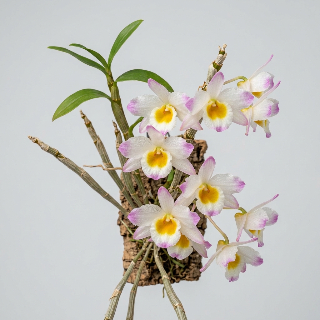 White and pink-tipped flowers of a Dendrobium Crystallinum orchid cascading from a pendulous cane.