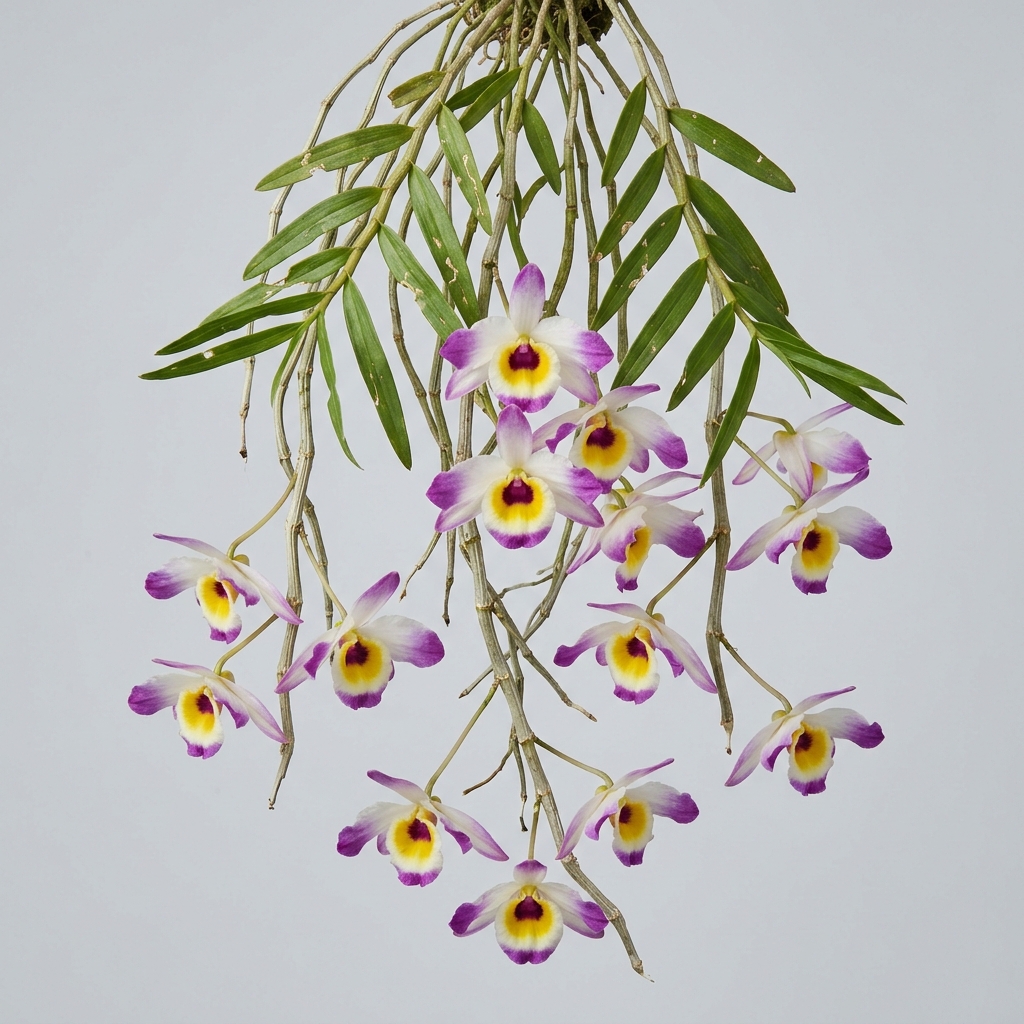Dendrobium Falconeri orchid with white and pink petals and a yellow lip with a dark purple center.