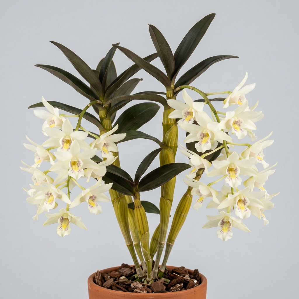 White flowers of a Dendrobium Falcorostrum orchid featuring a three-lobed lip with purple markings.