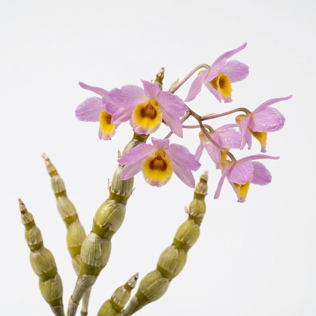 Dendrobium Findlayanum orchid showing swollen, bead-like pseudobulbs and pastel flowers with a yellow center.