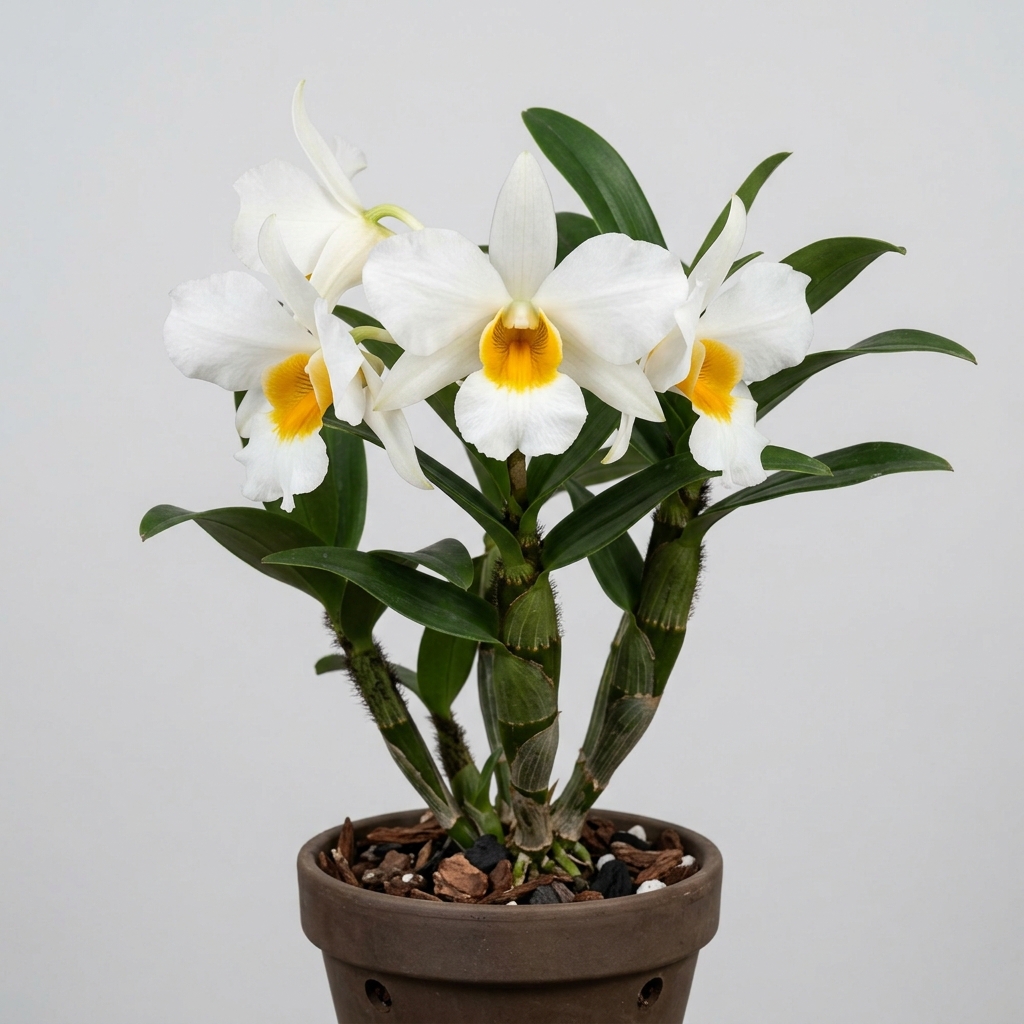 White Dendrobium Formosum orchid flower with a vibrant yellow-orange throat and green foliage.