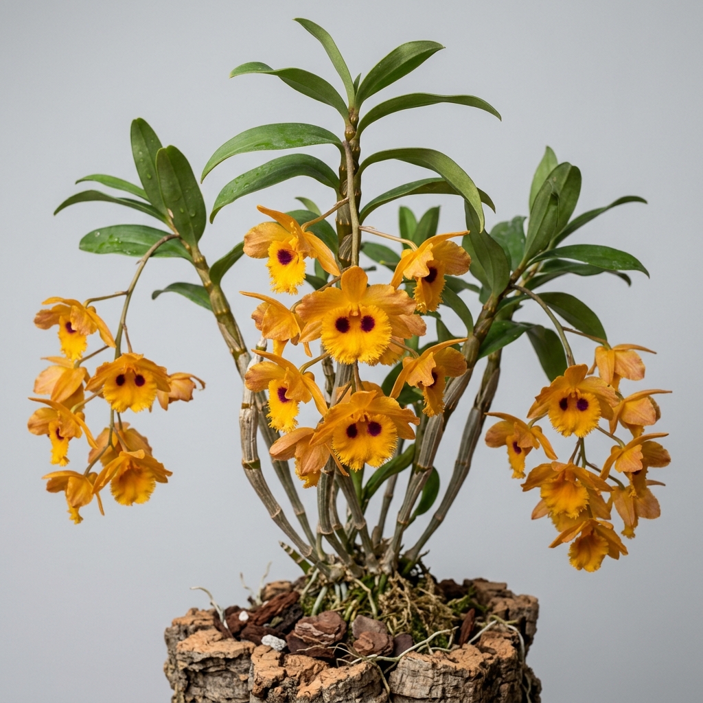 Cascading golden-yellow flowers of a Dendrobium Gibsonii orchid with dark purple spots on the fringed lips.