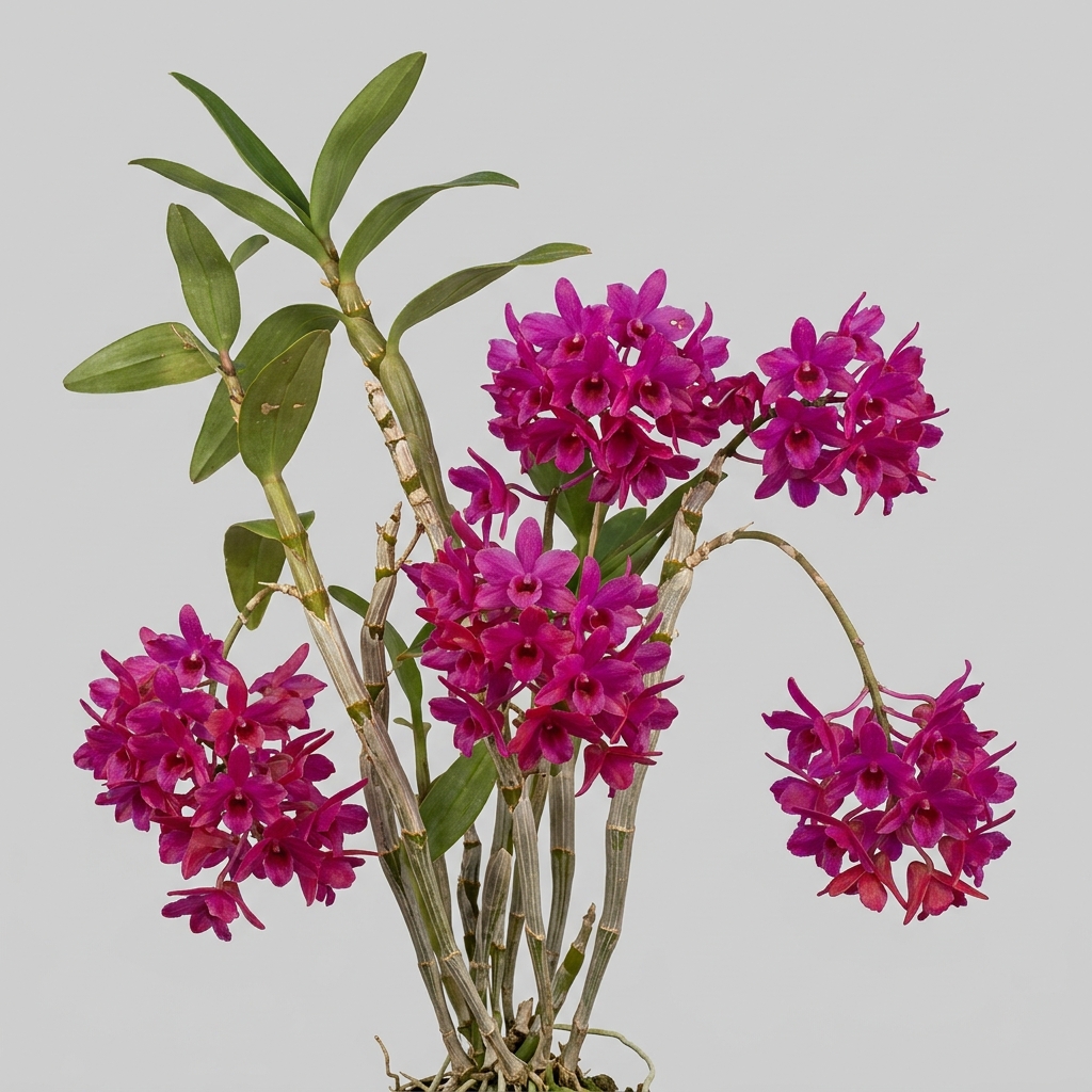Vibrant reddish-purple flowers blooming in dense clusters along the cane of a Dendrobium Goldschmidtianum orchid.