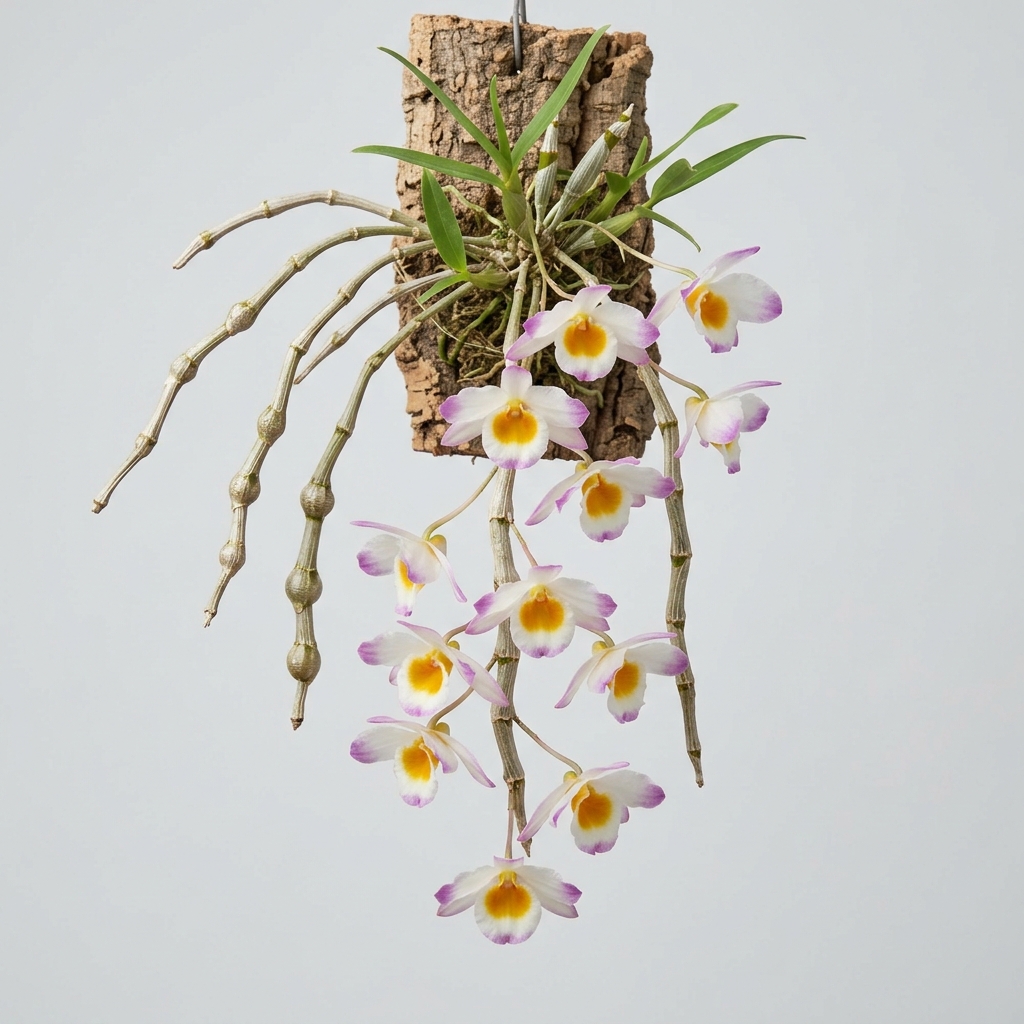 Dendrobium Gratiosissimum orchid with white and rose-purple flowers cascading from pendulous canes.