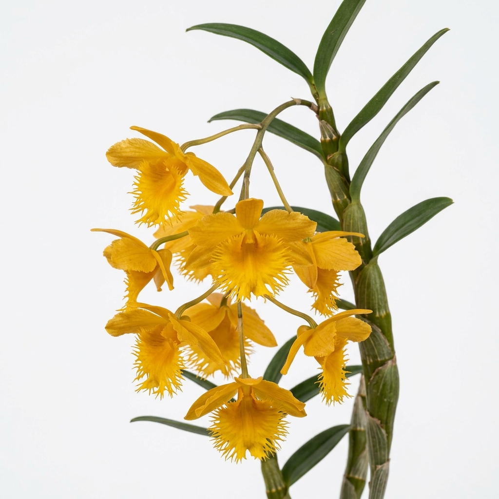 Close-up of the deeply fringed golden-yellow flowers of a Dendrobium Harveyanum orchid.