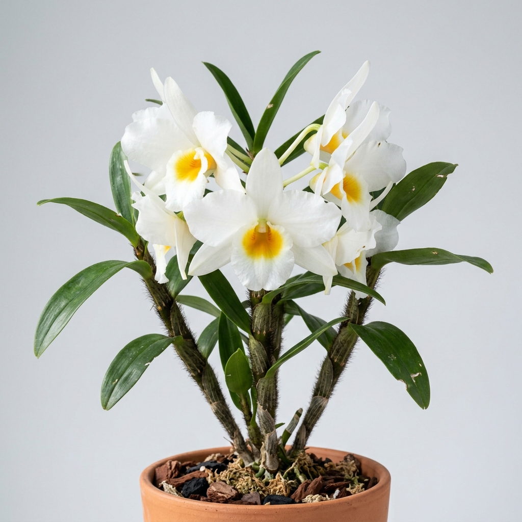 Dendrobium Infundibulum orchid with large white flowers, a yellow throat, and dark-haired pseudobulbs.