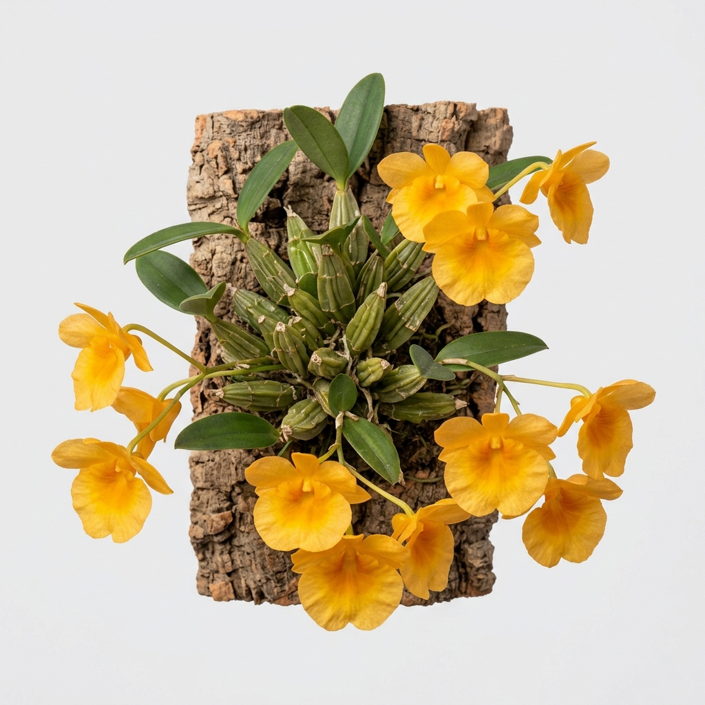 A close-up studio photograph of a flowering Dendrobium Jenkinsii orchid mounted on cork bark, showing bright yellow blossoms and compact green pseudobulbs.