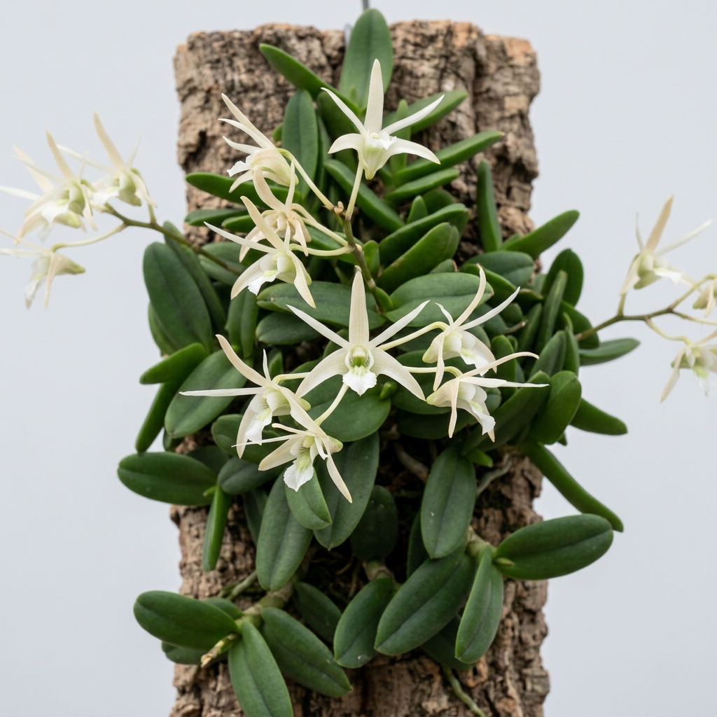 Dendrobium Linguiforme orchid with thick, tongue-shaped succulent leaves growing on a bark mount.