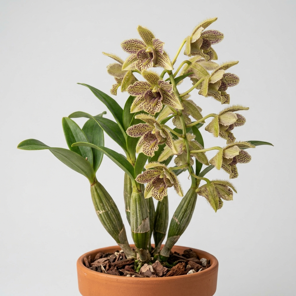 Cream and chartreuse flowers of a Dendrobium Macrophyllum orchid showing the distinctive bristly hairs on the sepals.