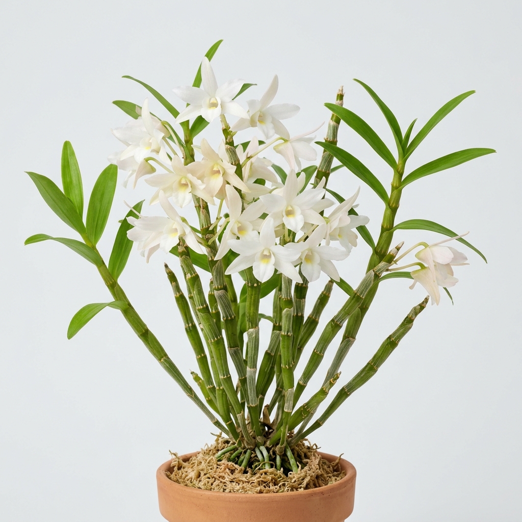 A compact Dendrobium Moniliforme orchid with white star-shaped flowers blooming along slender canes.