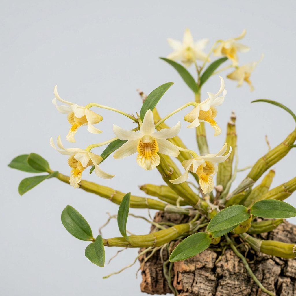 Cream and yellow flower of a Dendrobium Plicatile orchid showing its heavily fringed lip.