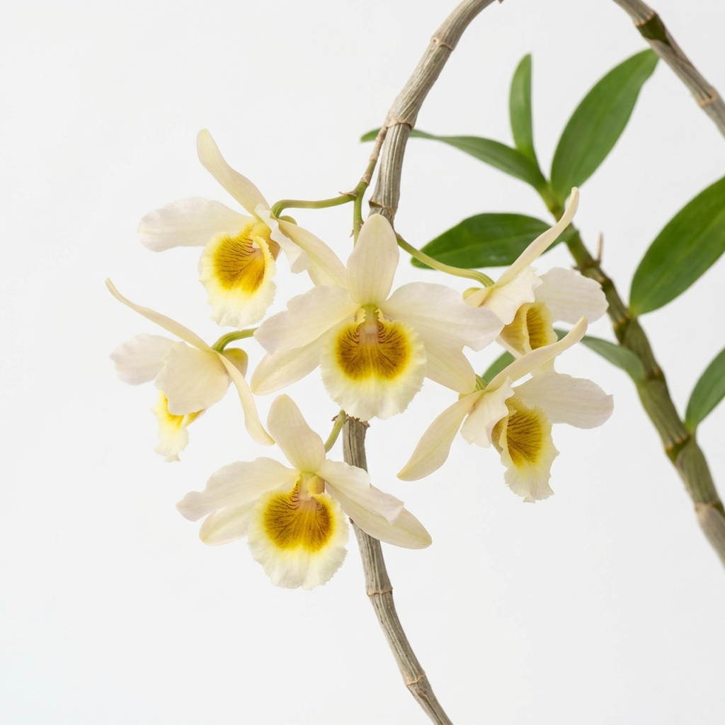 Dendrobium Signatum orchid with pale cream petals and a yellow trumpet-shaped lip.