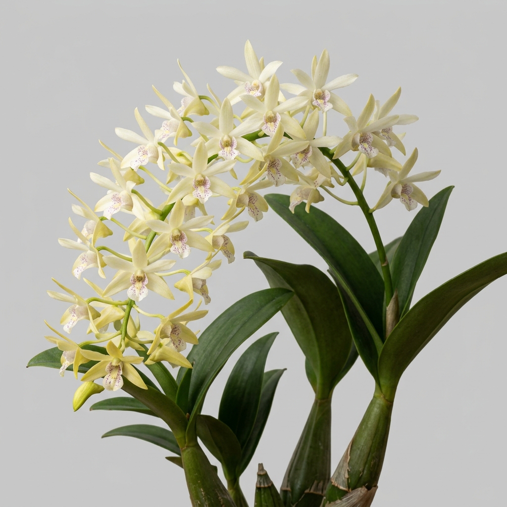 Fragrant yellow flowers blooming on a mature Dendrobium Speciosum orchid.