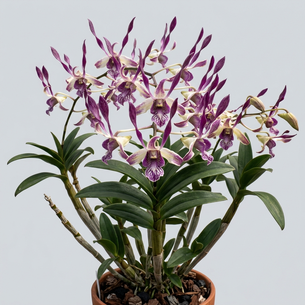 Dendrobium Taurinum orchid showing its distinctive twisted purple and bronze petals resembling bull horns.