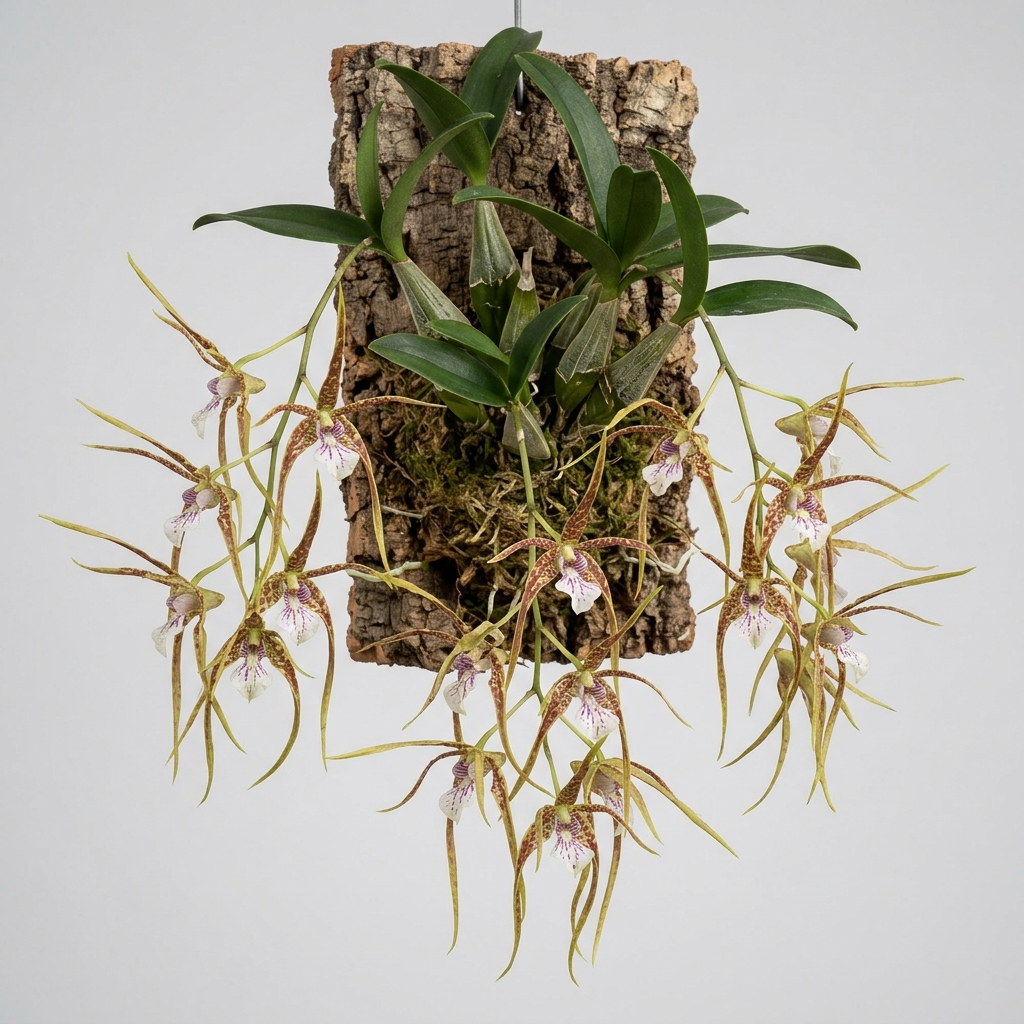 Dendrobium Tetragonum orchid with spider-like yellow and brown flowers mounted on cork bark