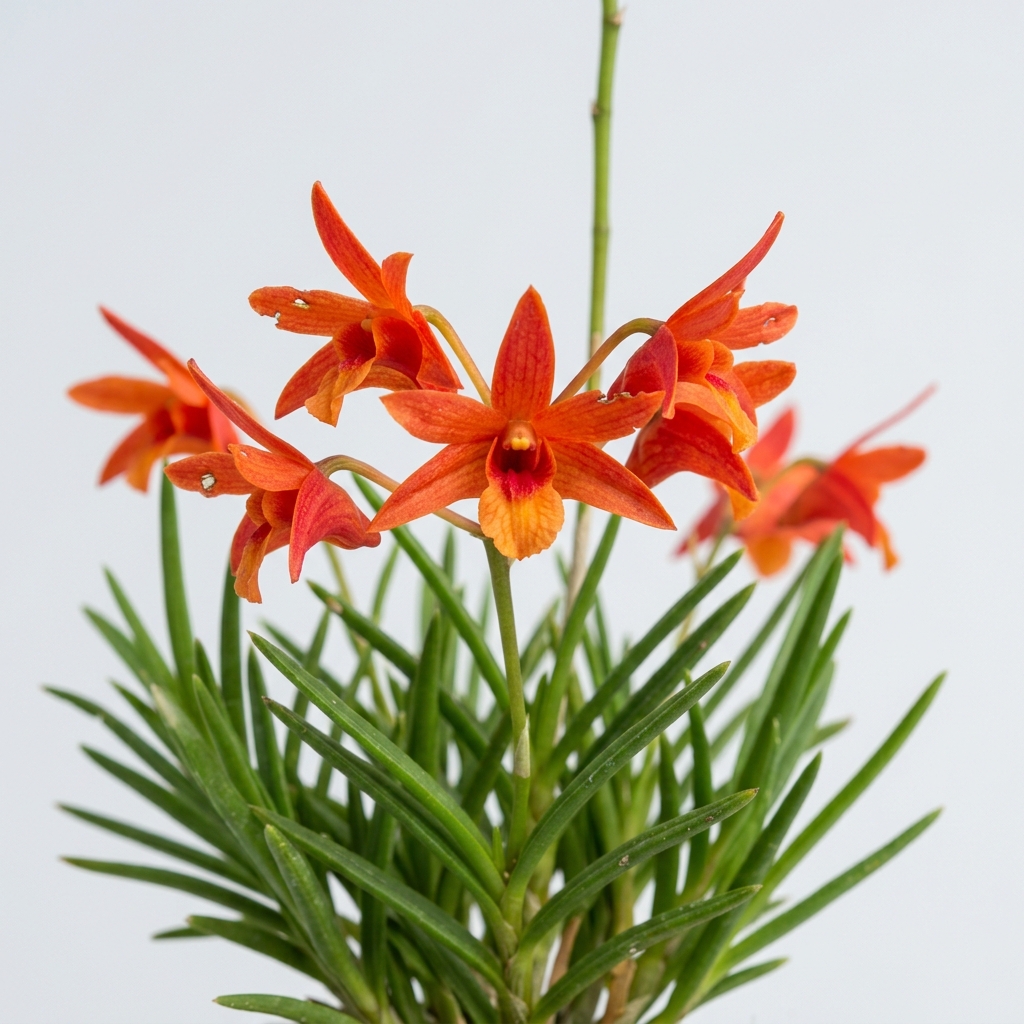 A close-up of a Dendrobium Vexillarius orchid with vibrant blossoms and needle-like leaves.