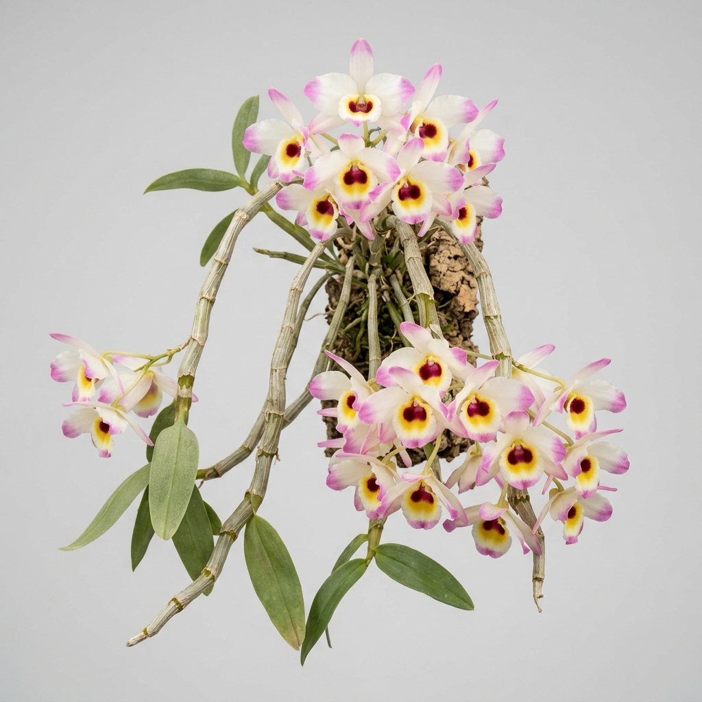Dendrobium Wardianum orchid flowers with white petals tipped in pink and a yellow throat with maroon eyespots