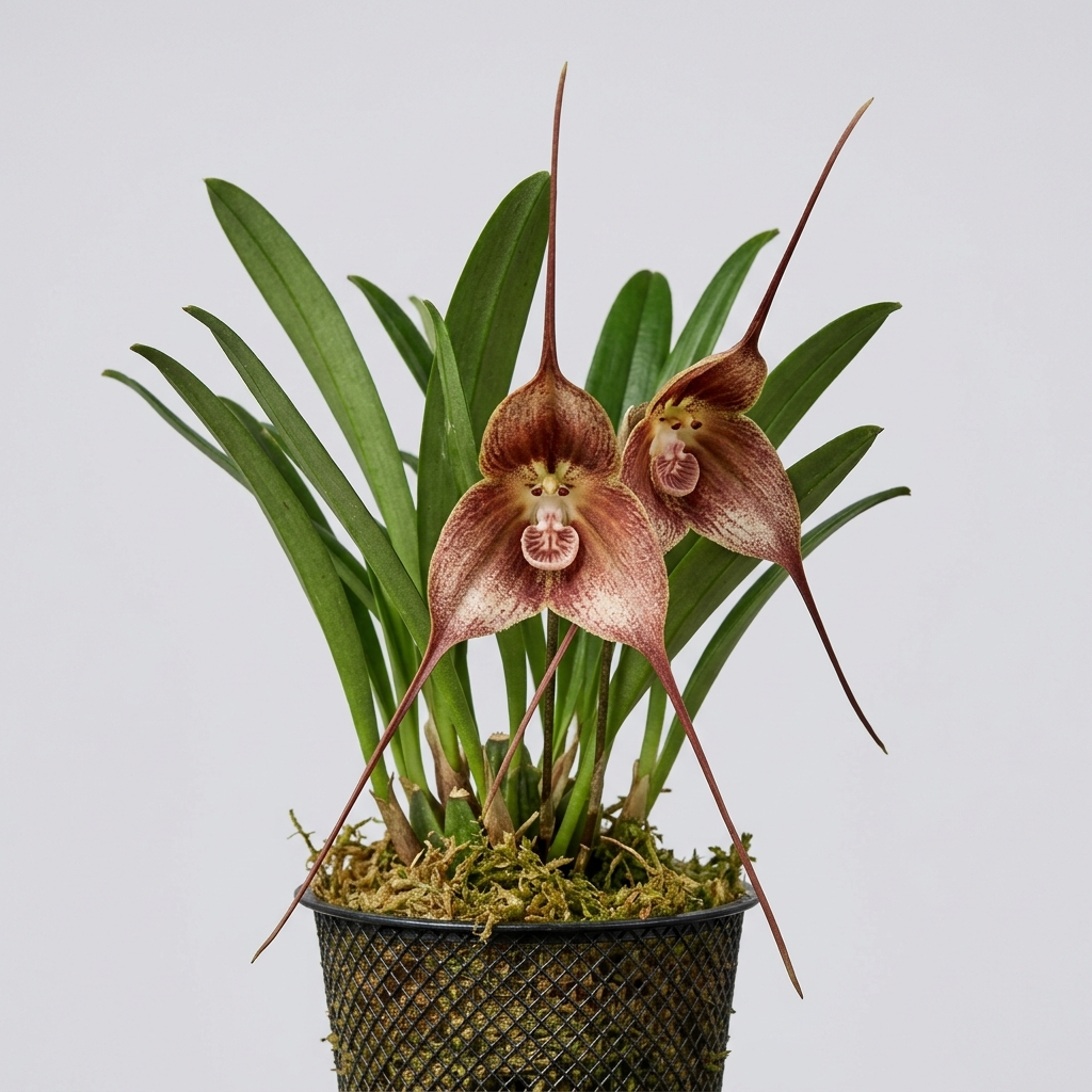 A close-up studio photograph of a Dracula Simia orchid flower showcasing its unique monkey-like face pattern and long sepal tails against a clean light gray background.