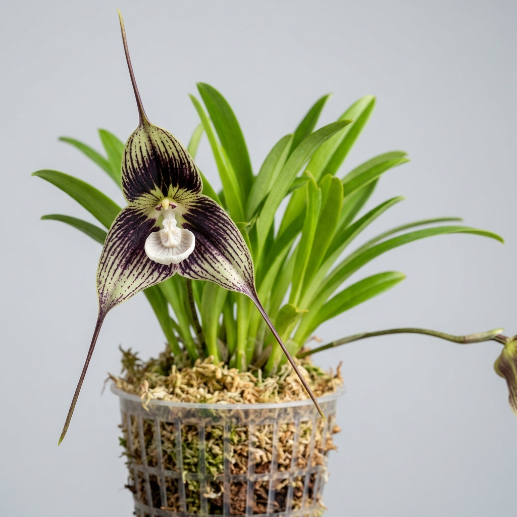 A Dracula Vampira orchid flower showing its dark purple-black veins and white, mushroom-like lip.