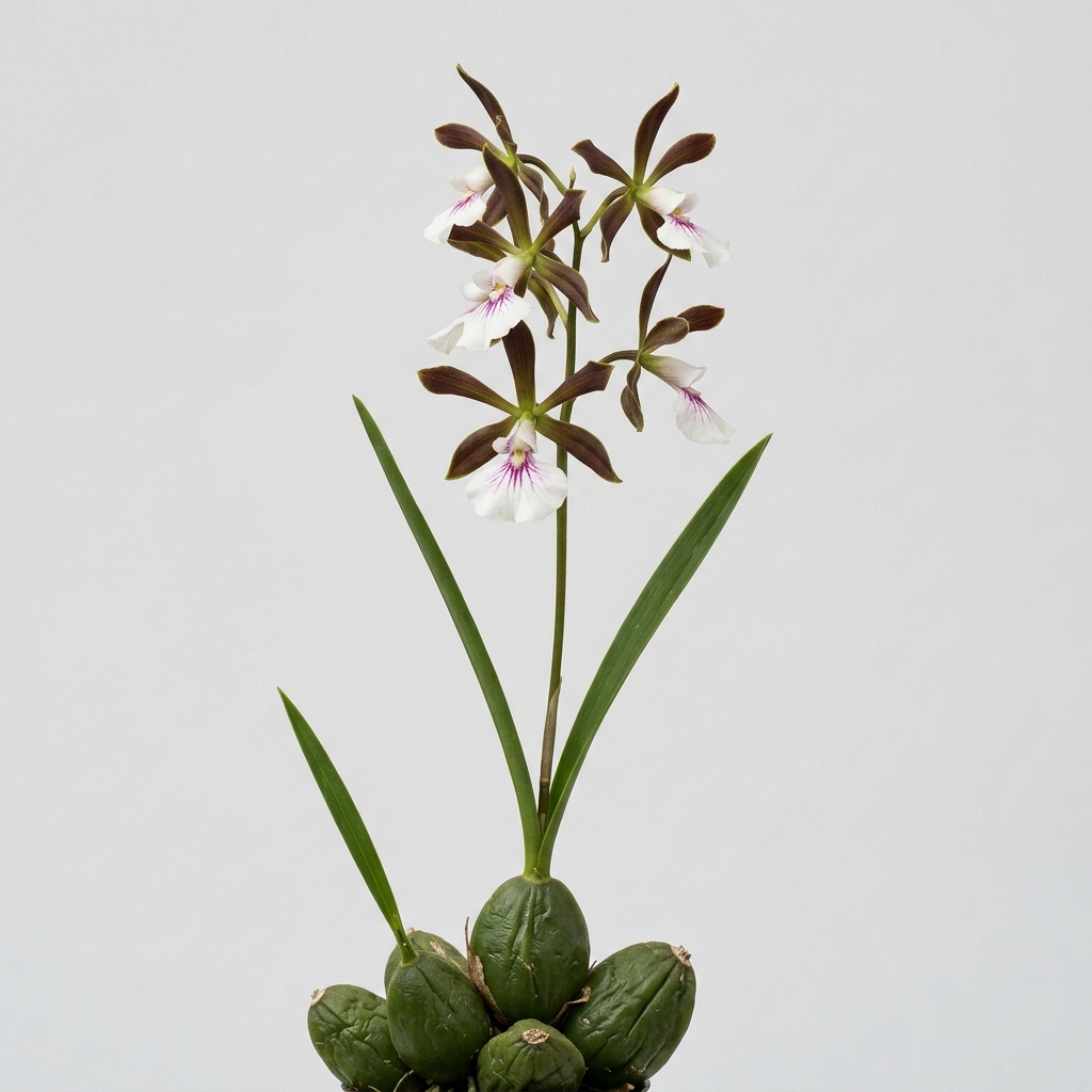 Encyclia Bractescens orchid showing its compact pseudobulbs and bronze flowers with a white and magenta lip.
