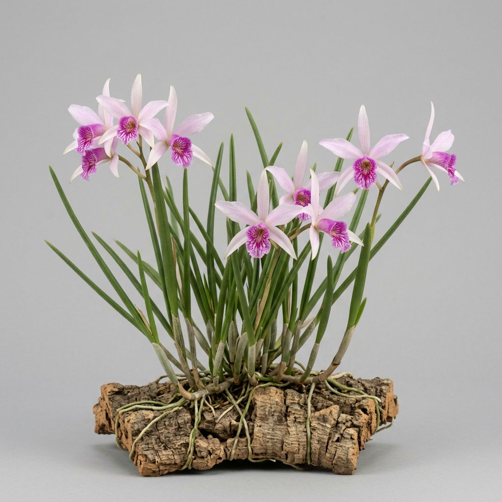 Laelia Lundii orchid featuring star-shaped pale pink flowers with a deeply veined magenta lip.
