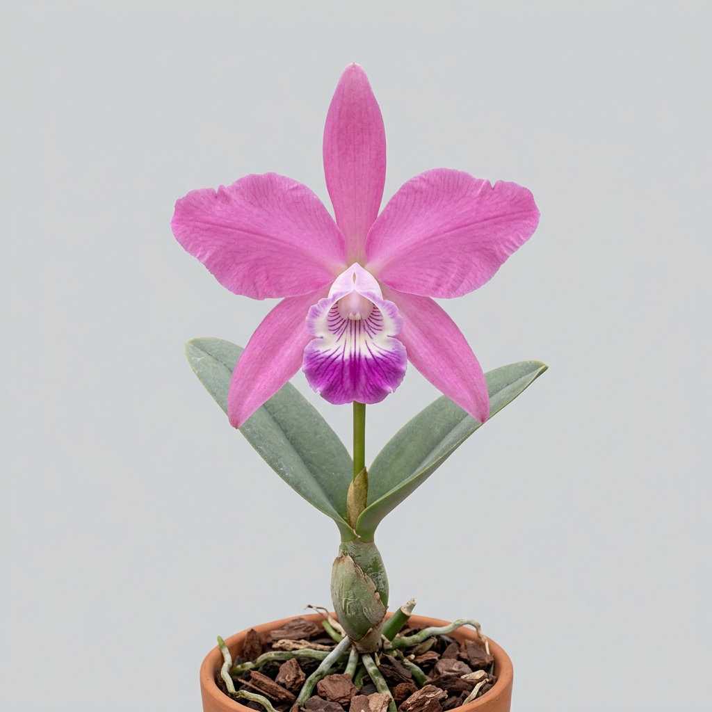 Laelia Speciosa orchid featuring large rose-pink flowers with a white throat and purple veins.