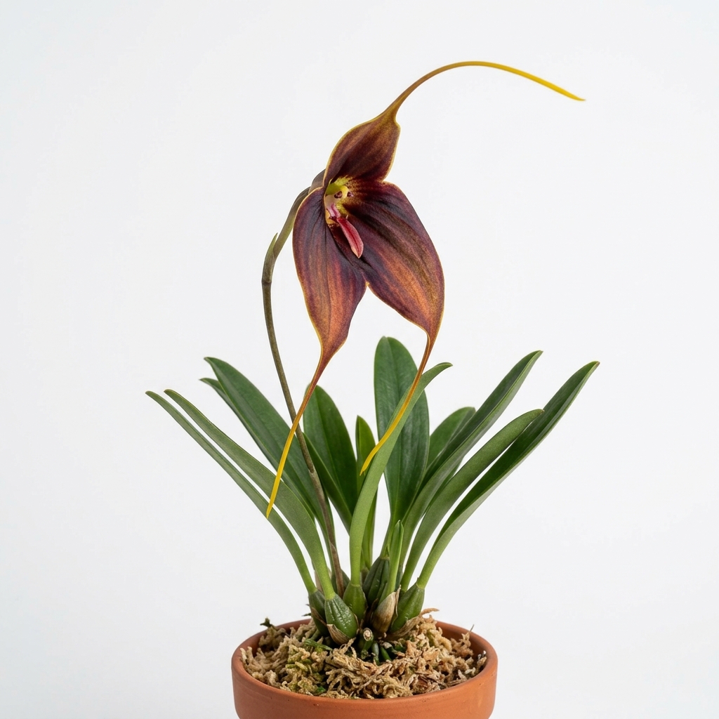 Dark reddish-brown, long-tailed flower of a Masdevallia Ayabacana orchid.