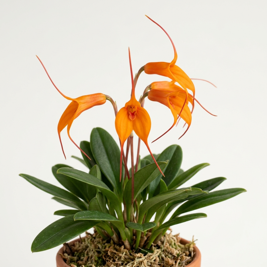 A close-up shot of a Masdevallia Constricta orchid flower, showing its bright orange tubular shape and long sepal tails against a clean light gray background.