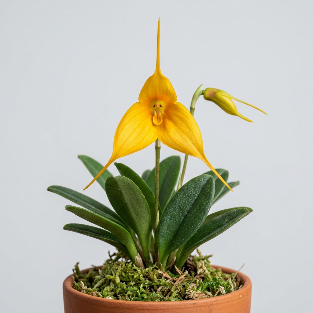 Bright yellow triangular flower of a Masdevallia Davisii orchid against dark green leaves.