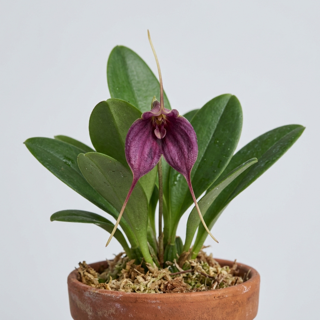A close-up of the dark maroon, disc-shaped flower of a Masdevallia Discoidea orchid.