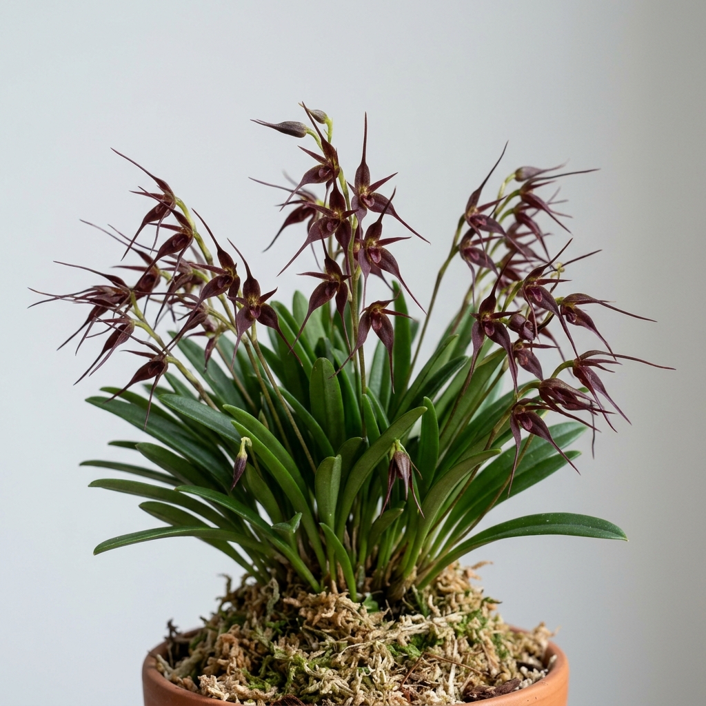 Miniature Masdevallia Herradurae orchid displaying dark burgundy flowers with long sepaline tails.
