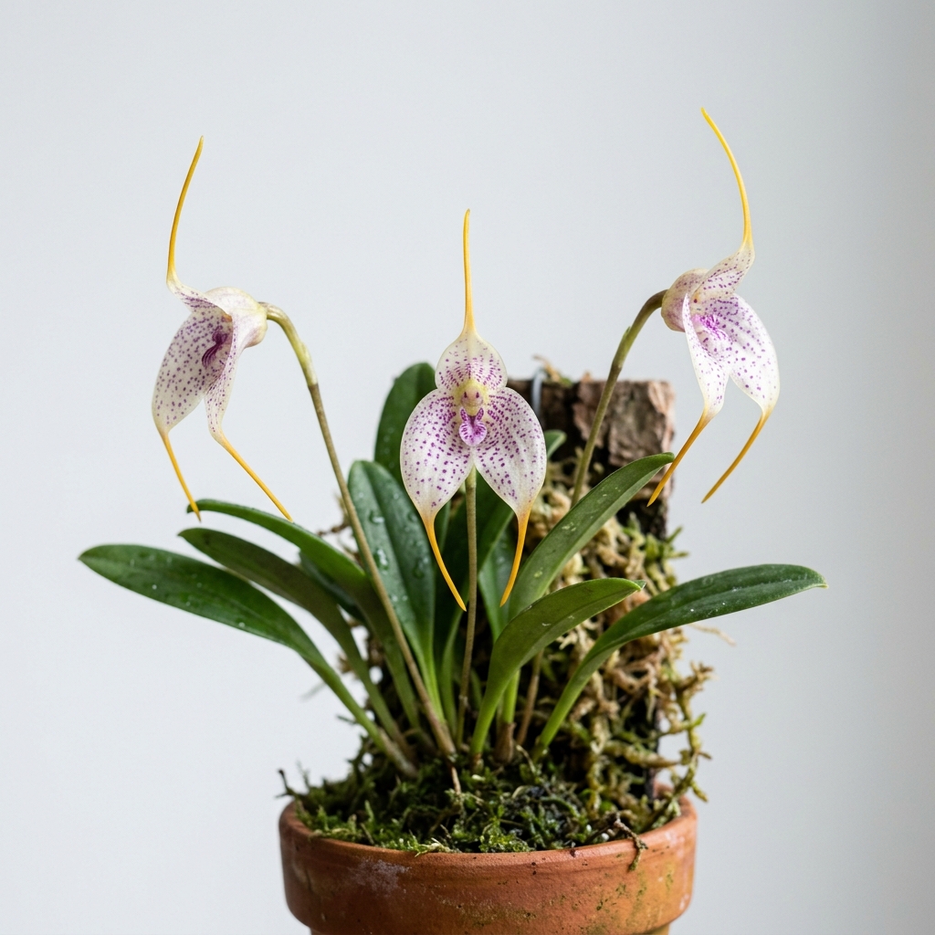 A close-up of the translucent white and purple-spotted flower of a Masdevallia Picturata orchid.