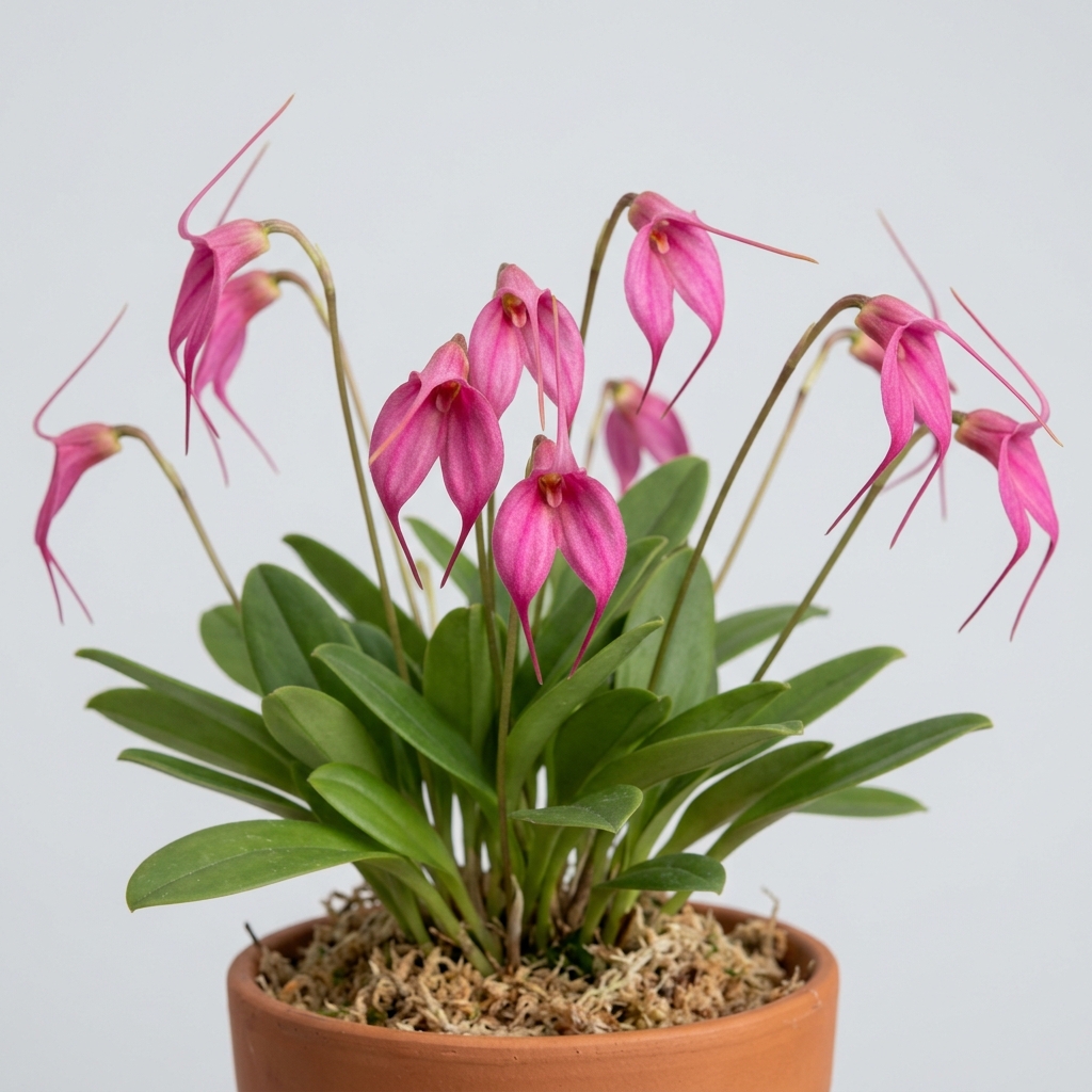 Vibrant rose-pink Masdevallia Rosea orchid flowers with long tail-like sepal extensions.