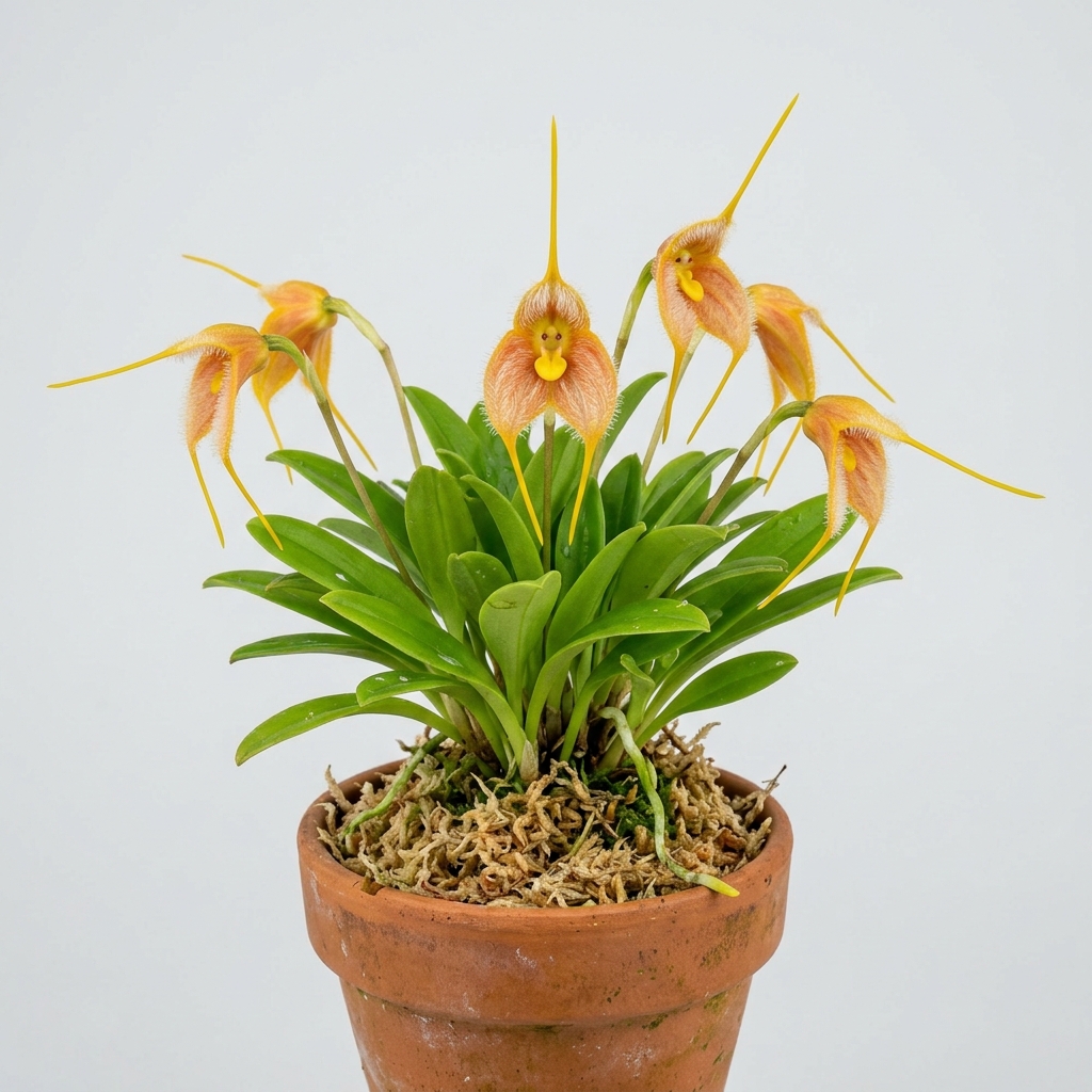 A close-up of the fuzzy orange-yellow and white flower of a Masdevallia Strobelii orchid.