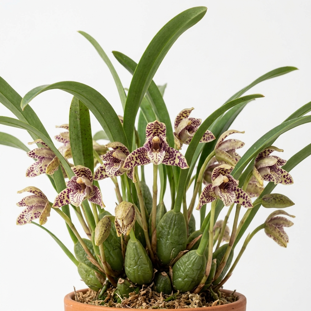 Yellow and cream Maxillaria Picta orchid flowers with deep purple speckles clustered around the base of the plant.