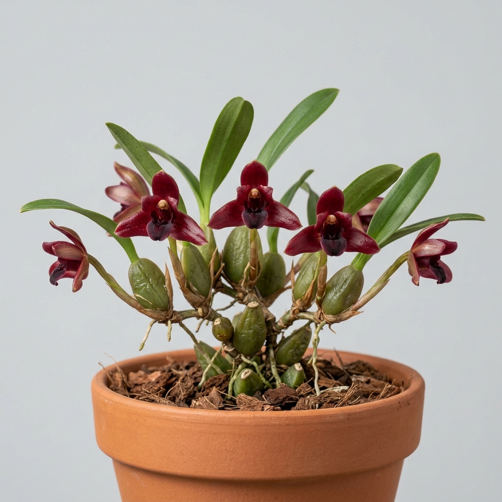 A close-up of the small, glossy flowers and creeping pseudobulbs of a Maxillaria Variabilis orchid.