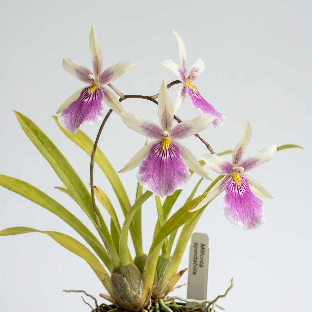 Miltonia Spectabilis orchid flower showing its large rose-purple lip and pale cream petals.