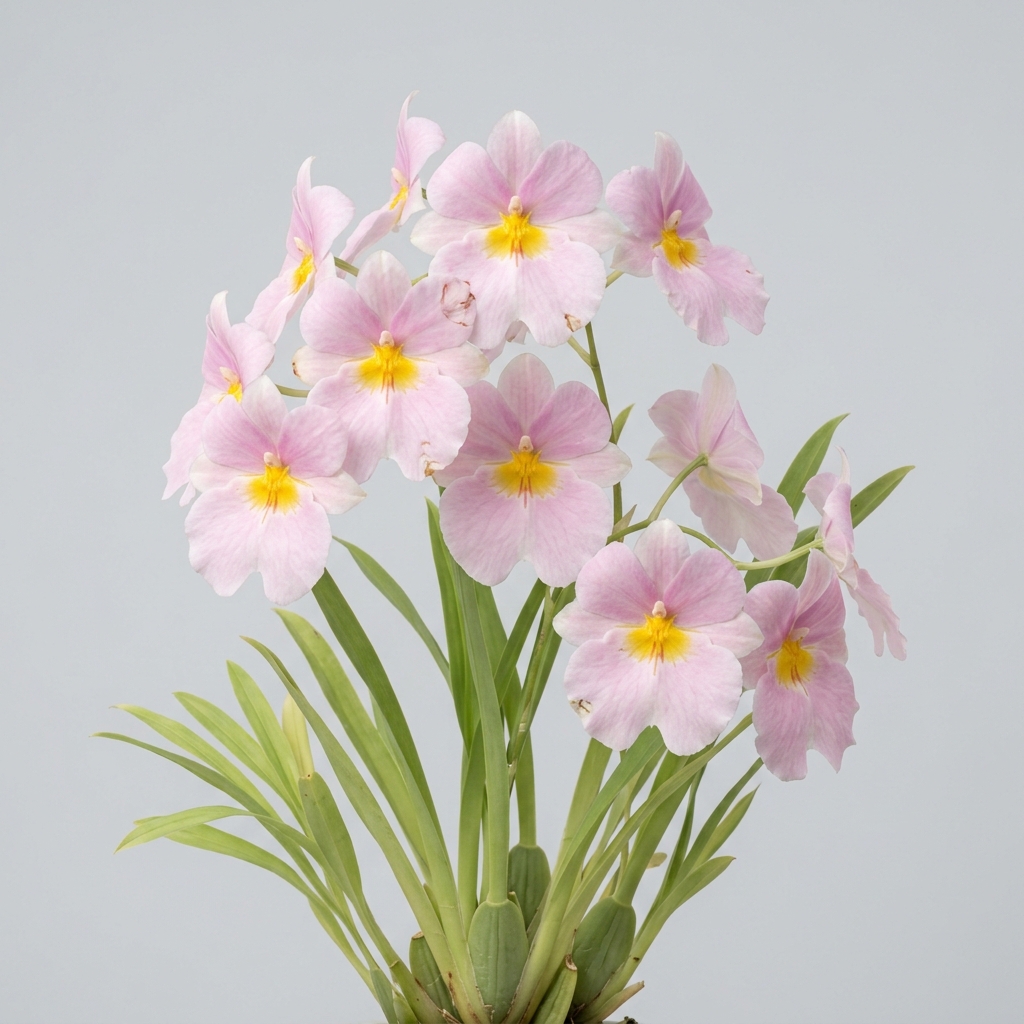 Pale pink Miltoniopsis Bismarckii orchid flower with a yellow callus and light green foliage.