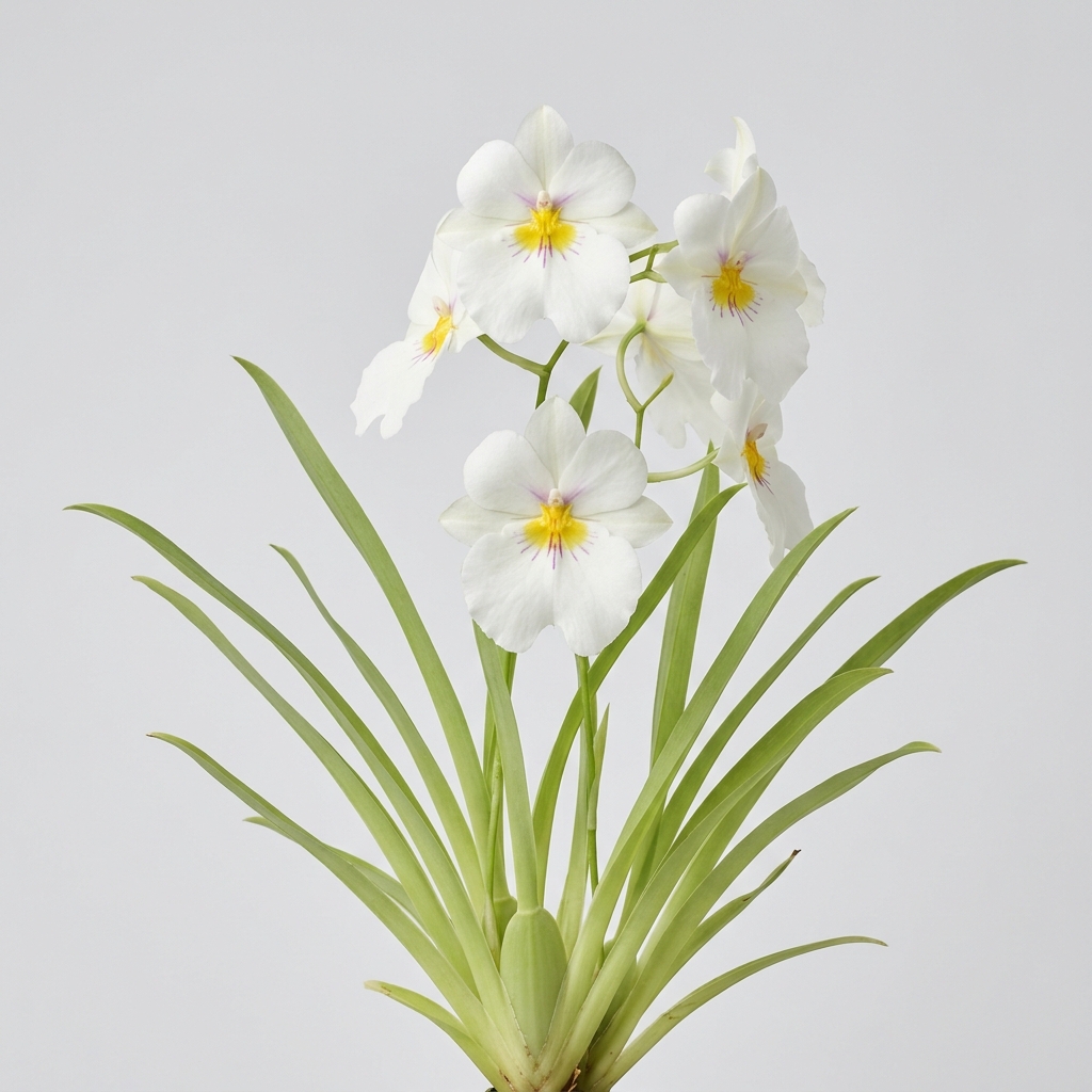 Miltoniopsis Santanaei orchid showing white flat-faced flowers with a yellow and purple center mask.