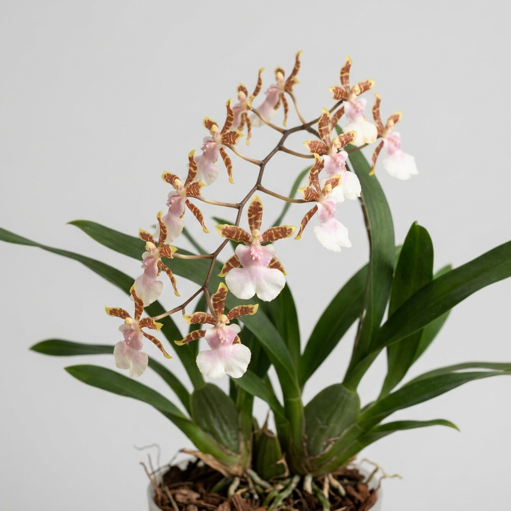 Oncidium Heaven Scent orchid showing arching spikes of reddish-brown flowers with pink and white lips.