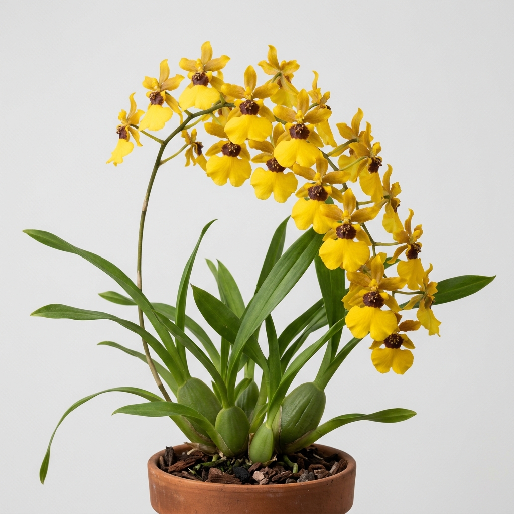 Oncidium Croesus orchid with bright yellow flowers and dark brown centers on an arching spike
